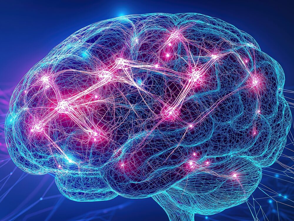 Beitragsbild A digital illustration of a human brain with glowing neural networks in blue and pink hues, set against a dark background. The intricate web of connections symbolizes advanced technology and artificial intelligence.